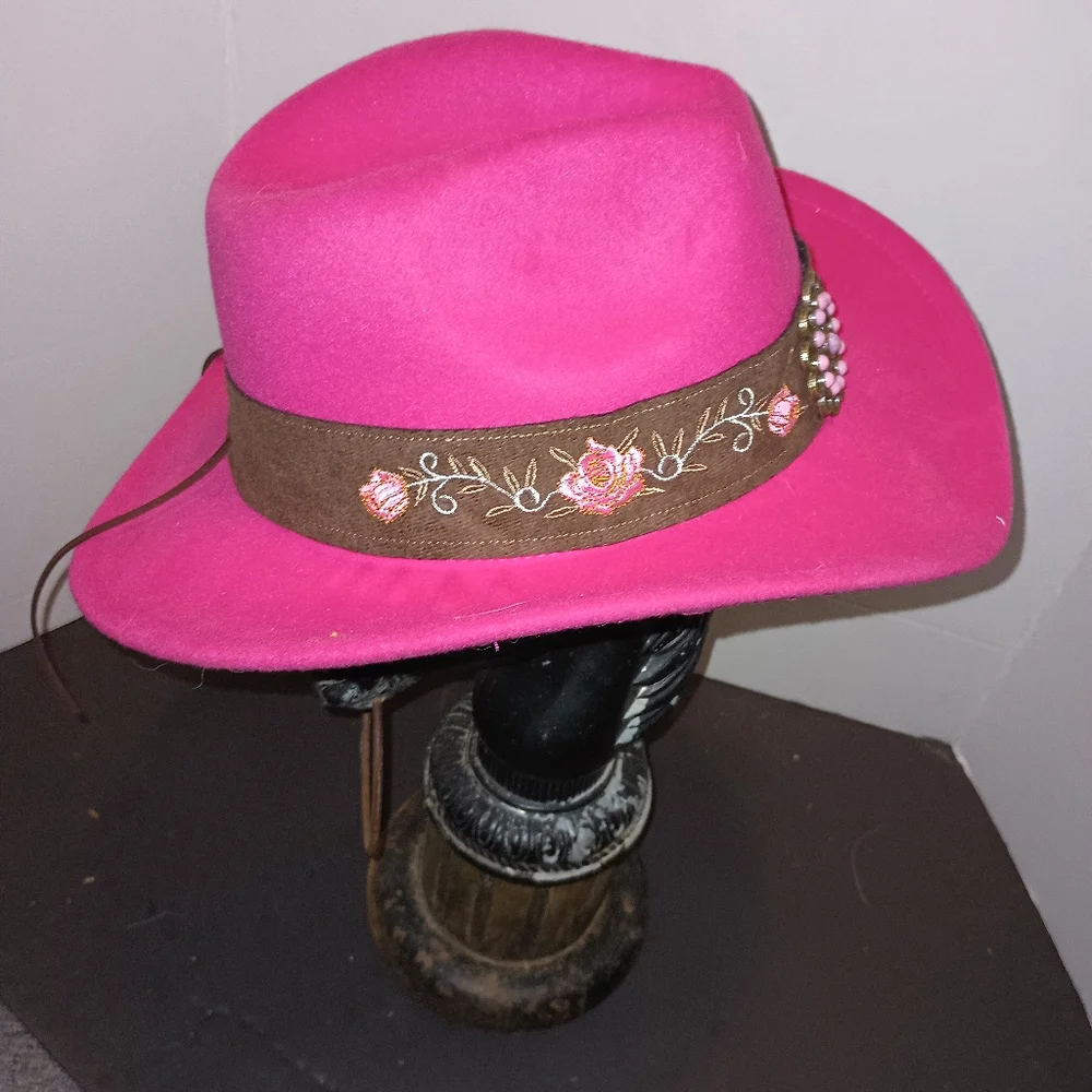 Pink Fedora Hat with Embroidered Band - Picture 4 of 5